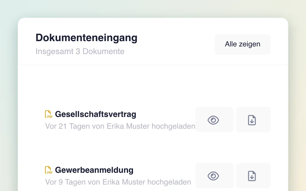 Dokumenteneingang mit hochgeladenen Unternehmensdokumenten